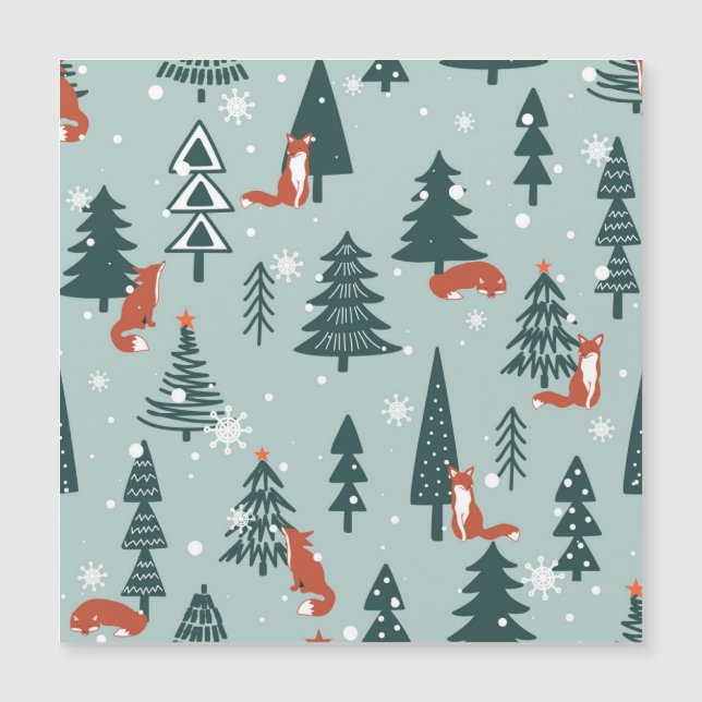 Füchse, Tannen, Winter, bunte Muster Magnetkarte (Vorderseite)