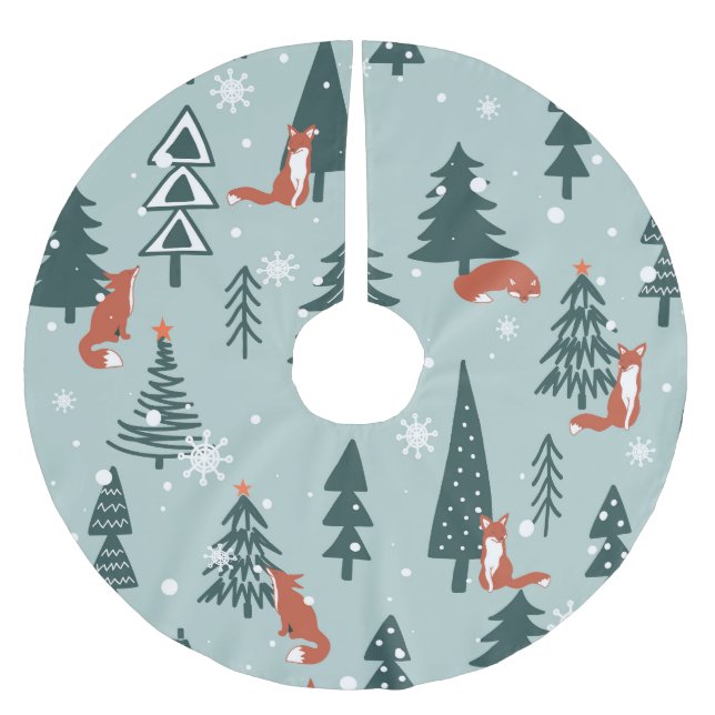 Füchse, Tannen, Winter, bunte Muster Polyester Weihnachtsbaumdecke (Vorderseite)