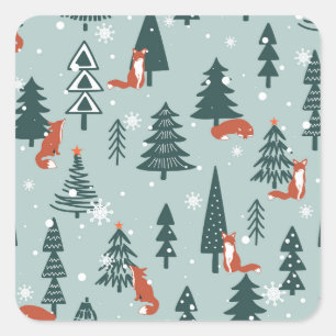 Füchse, Tannen, Winter, bunte Muster Quadratischer Aufkleber