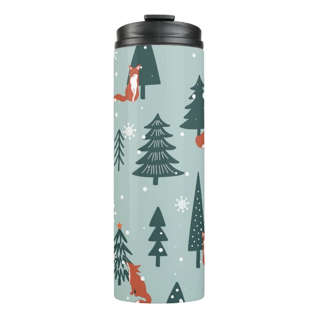 Füchse, Tannen, Winter, bunte Muster Thermosbecher (Vorderseite)