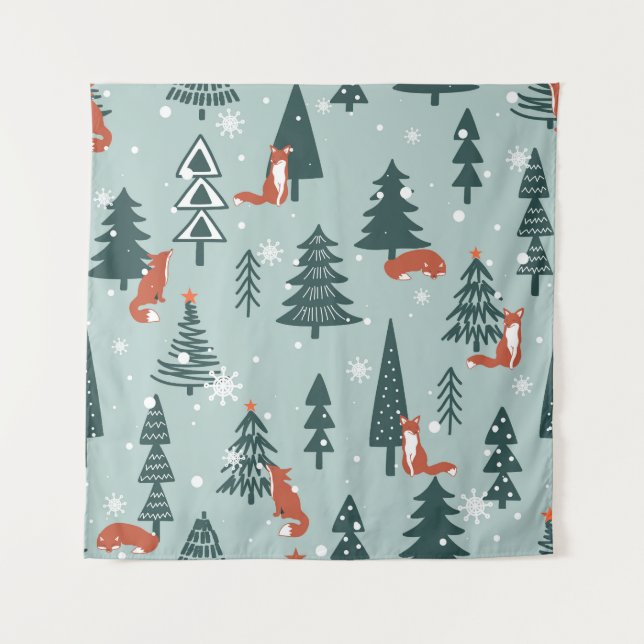 Füchse, Tannen, Winter, bunte Muster Wandteppich (Vorderseite)