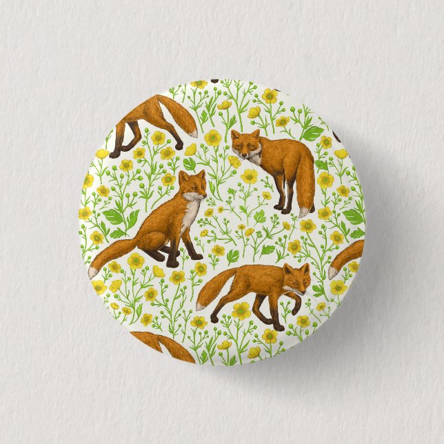 Füchse und Buttercups auf natürlichem Weiß Button (Vorderseite)