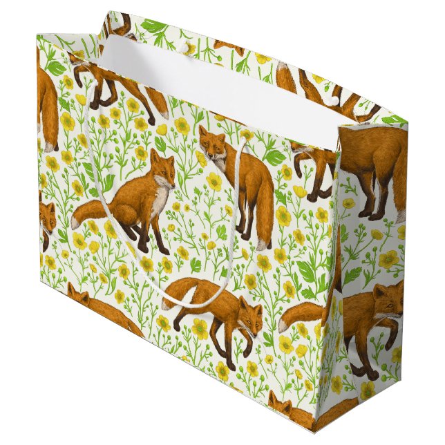 Füchse und Buttercups auf natürlichem Weiß Große Geschenktüte (Rückseite Schrägansicht)