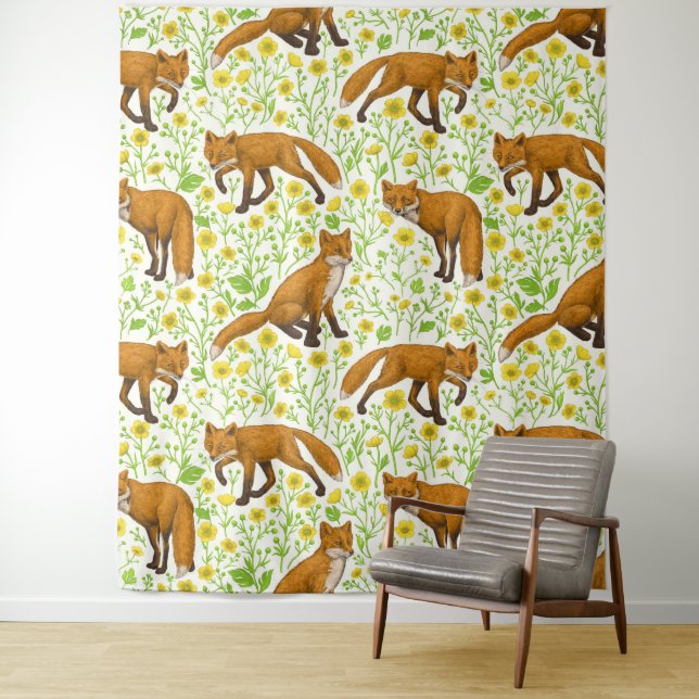 Füchse und Buttercups auf natürlichem Weiß Wandteppich (Beispiel)