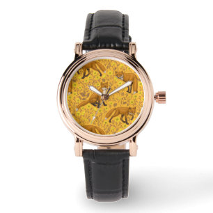 Füchse und Buttercups auf Orange Armbanduhr