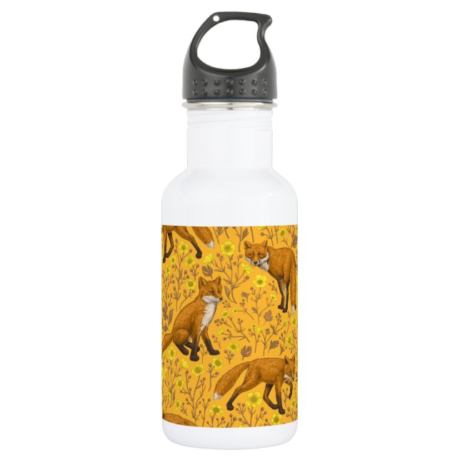 Füchse und Buttercups auf Orange Edelstahlflasche (Vorderseite)