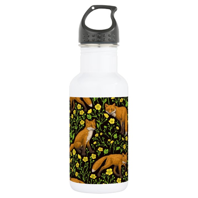 Füchse und Buttercups auf schwarz Edelstahlflasche (Vorderseite)