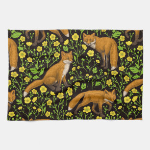 Füchse und Buttercups auf schwarz Geschirrtuch