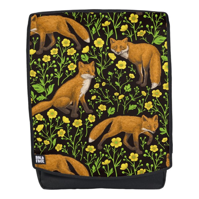 Füchse und Buttercups auf schwarz Rucksack (Vorderseite)
