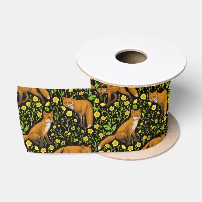 Füchse und Buttercups auf schwarz Satinband (Spule)