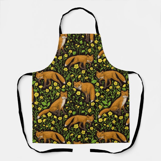 Füchse und Buttercups auf schwarz Schürze (Vorderseite)
