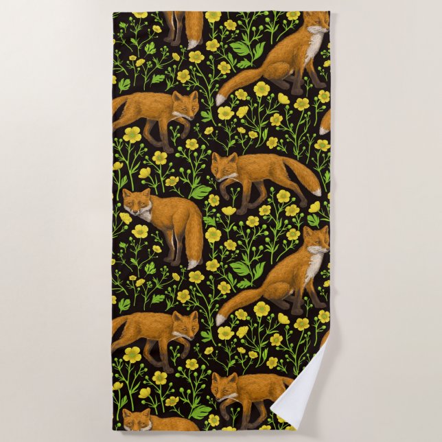 Füchse und Buttercups auf schwarz Strandtuch (Vorderseite)