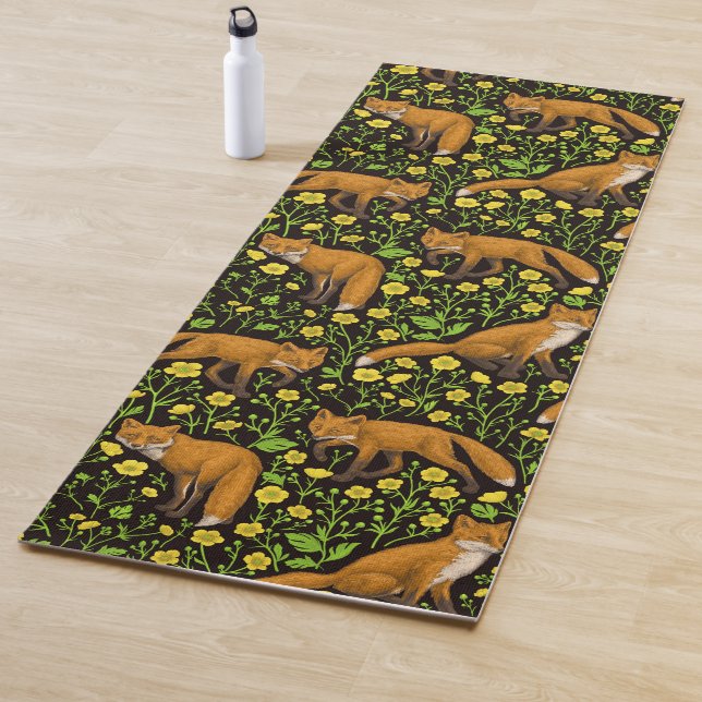 Füchse und Buttercups auf schwarz Yogamatte (Beispiel)