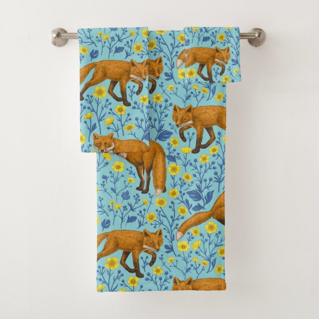 Füchse und Buttercups in Poolblau Badhandtuch Set (Insitu)