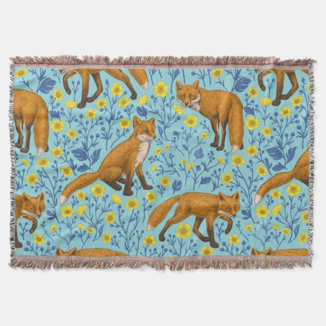 Füchse und Buttercups in Poolblau Decke (Vorderseite)