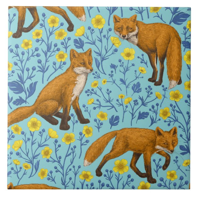 Füchse und Buttercups in Poolblau Fliese (Vorderseite)