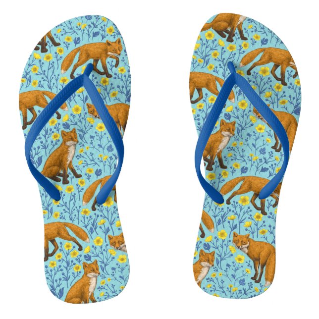 Füchse und Buttercups in Poolblau Flip Flops (Fußbett)