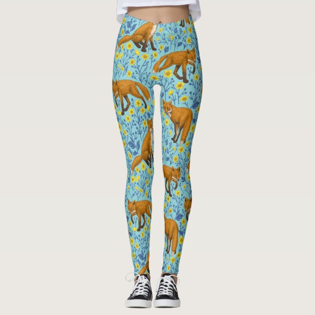 Füchse und Buttercups in Poolblau Leggings (Vorderseite)