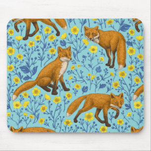 Füchse und Buttercups in Poolblau Mousepad