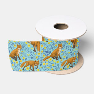 Füchse und Buttercups in Poolblau Satinband
