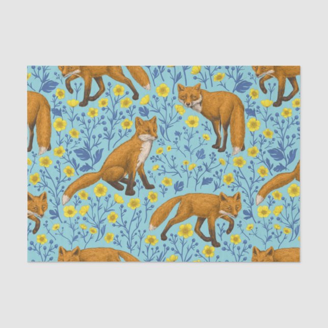 Füchse und Buttercups in Poolblau Seidenpapier (Vorderseite)