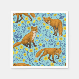 Füchse und Buttercups in Poolblau Serviette