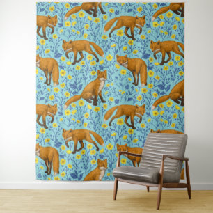 Füchse und Buttercups in Poolblau Wandteppich