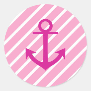 Fuchsia Anchor, rosa und weiße Streifen Runder Aufkleber