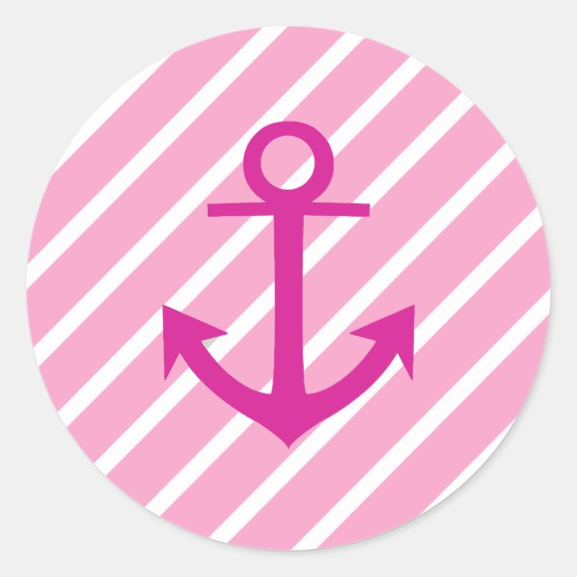 Fuchsia Anchor, rosa und weiße Streifen Runder Aufkleber (Vorderseite)