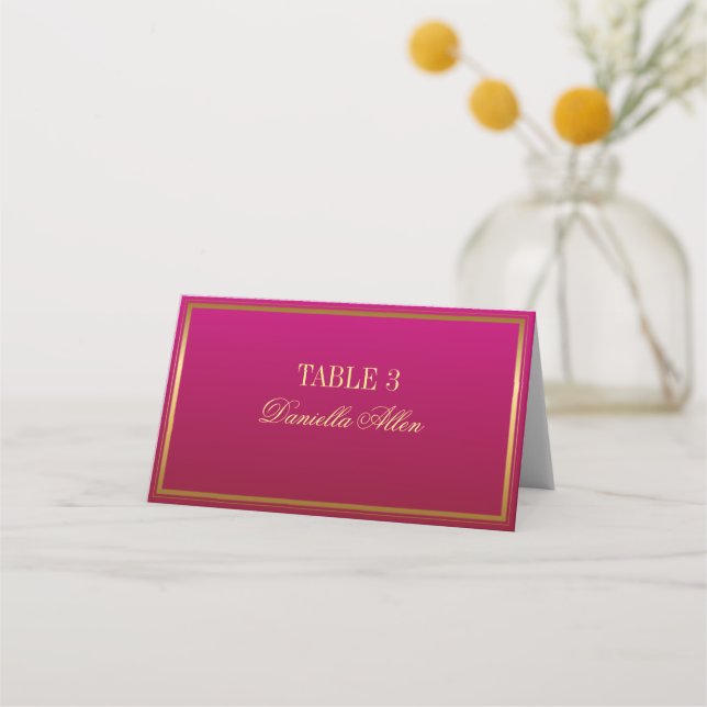 Fuchsia and Gold Elegante Wedding Platzkarte (Vorderseite)