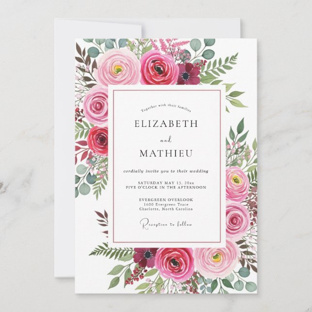 Fuchsia Aquarell Hochzeit Einladung (Vorderseite)