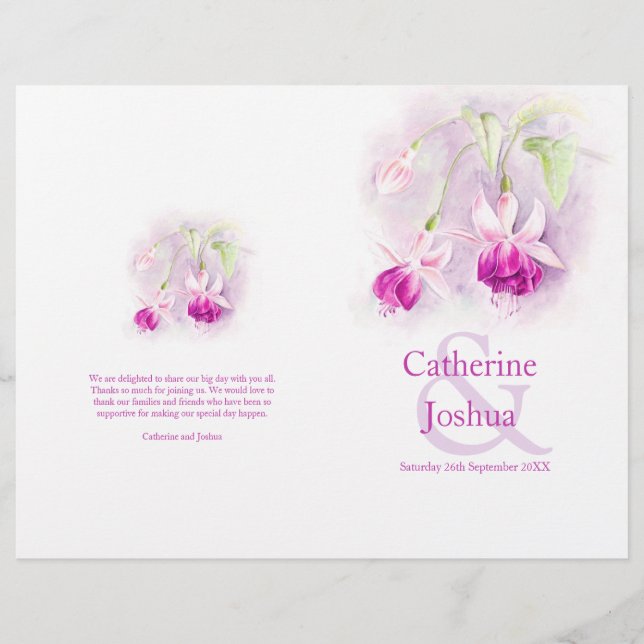 Fuchsia Aquarell lila rosa Hochzeitsprogramm (Vorderseite)