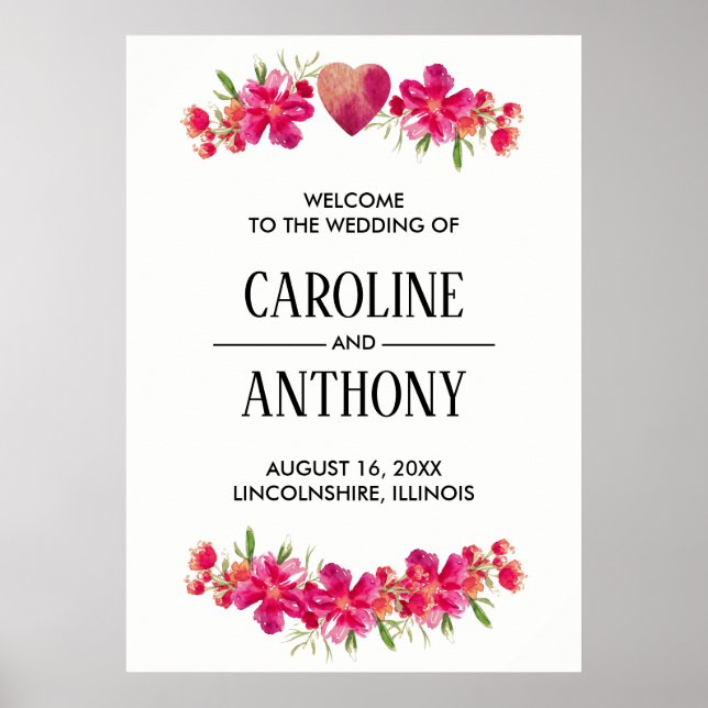 Fuchsia Aquarelle Floral Mariage Affiche de bienve (Devant)
