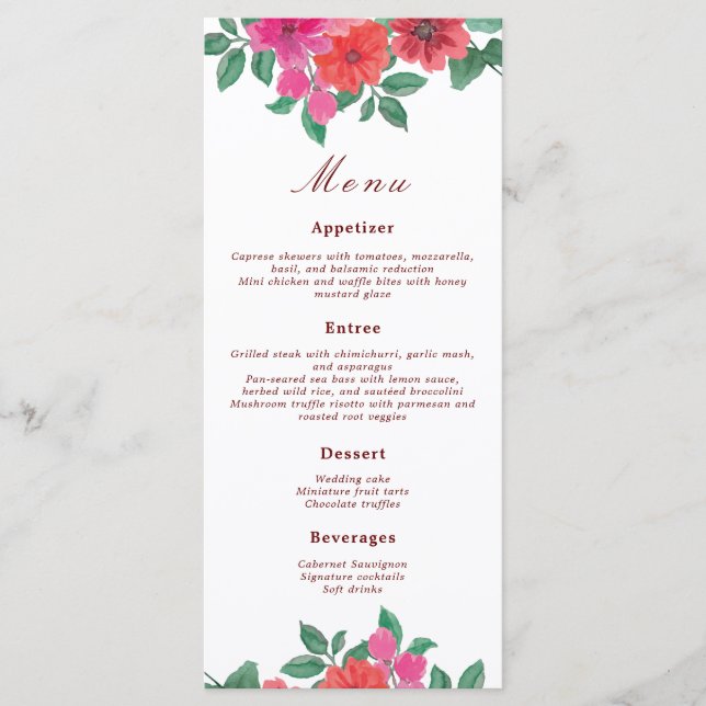 Fuchsia Aquarelle Florale Mariages Menus (Devant)