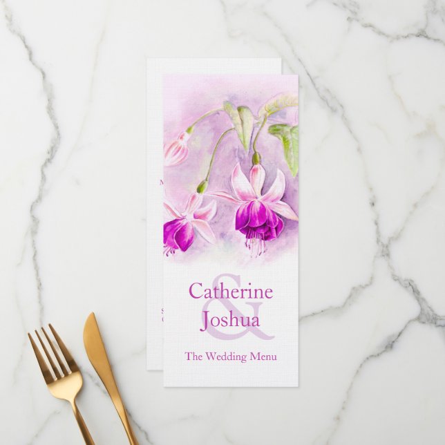 Fuchsia Aquarellkunst lila rosa Hochzeitsmenü Menükarte (Vorderseite/Rückseite Beispiel)