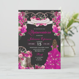 Fuchsia & Black Cowgirl Western Charro Quinceanera Einladung