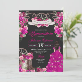 Fuchsia & Black Cowgirl Western Charro Quinceanera Einladung