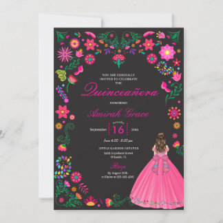 Fuchsia & Black Embroidery Quinceañera Einladung