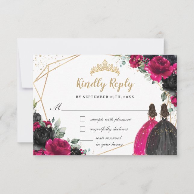 Fuchsia Black Floral Twins Quinceañera XV Antwort (Vorderseite)