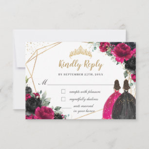 Fuchsia Black Floral Twins Quinceañera XV Antwort