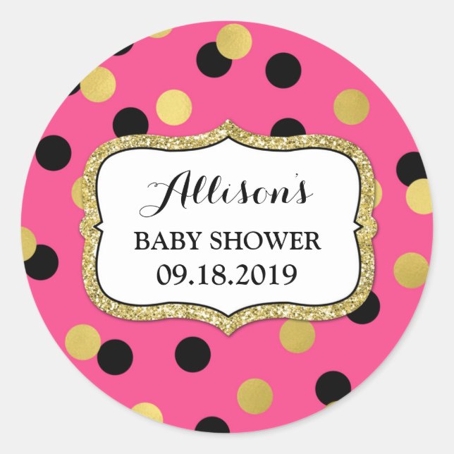 Fuchsia Black Gold Confetti Baby Dusche Gefallen T Runder Aufkleber (Vorderseite)