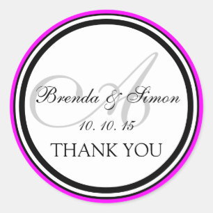 Fuchsia Black Monogram A Wedding Danke Runder Aufkleber