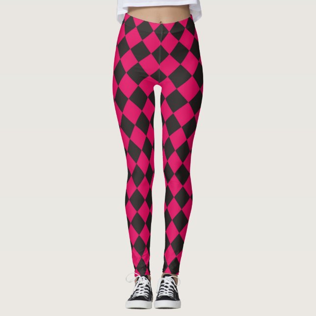 Fuchsia Black Schachbrett Diamond Pattern Leggings (Vorderseite)