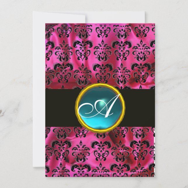 FUCHSIA BLACK SILK DAMASK BLUE GEM MONOGRAMM EINLADUNG (Vorderseite)