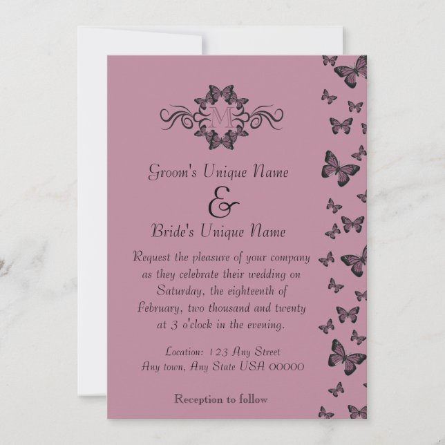 Fuchsia Butterflies Monogram Wedding Einladung (Vorderseite)