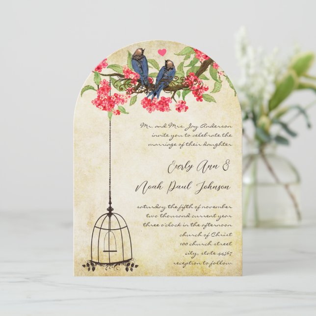 Fuchsia Cherry Blossom Love Birds Birdcage Hochzei Einladung (Stehend Vorderseite)