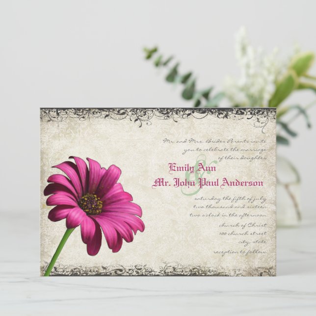 Fuchsia Coral Orange Gerber Daisy Wedding Einladun Einladung (Stehend Vorderseite)