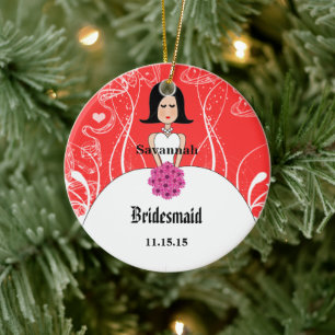 Fuchsia & Coral Wedding Black Hair Bridesmaid Keramikornament