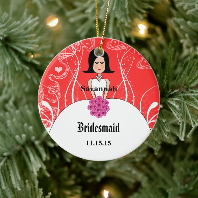Fuchsia & Coral Wedding Black Hair Bridesmaid Keramikornament (Baum)