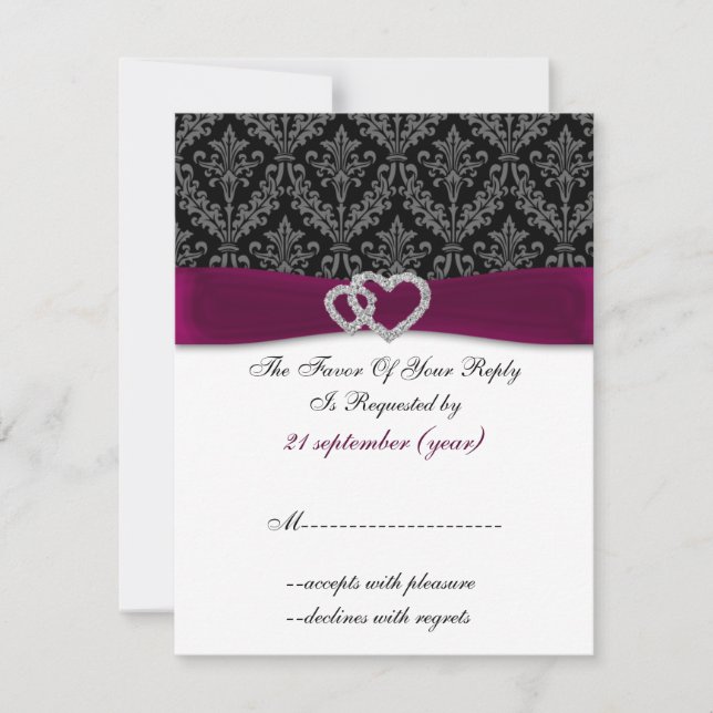 Fuchsia Damask IMITATE Band Diamante Hochzeit RSVP Karte (Vorderseite)